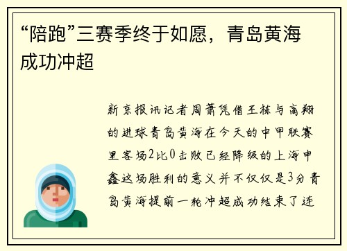 “陪跑”三赛季终于如愿，青岛黄海成功冲超