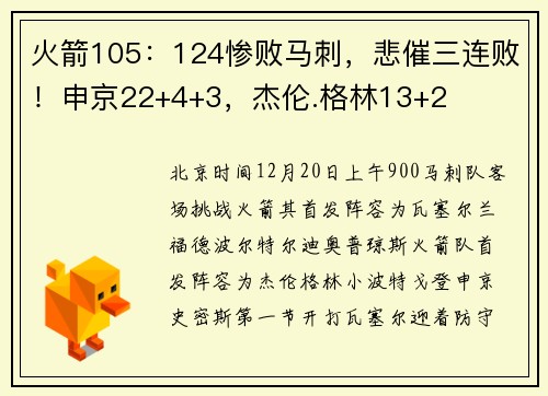 火箭105：124惨败马刺，悲催三连败！申京22+4+3，杰伦.格林13+2